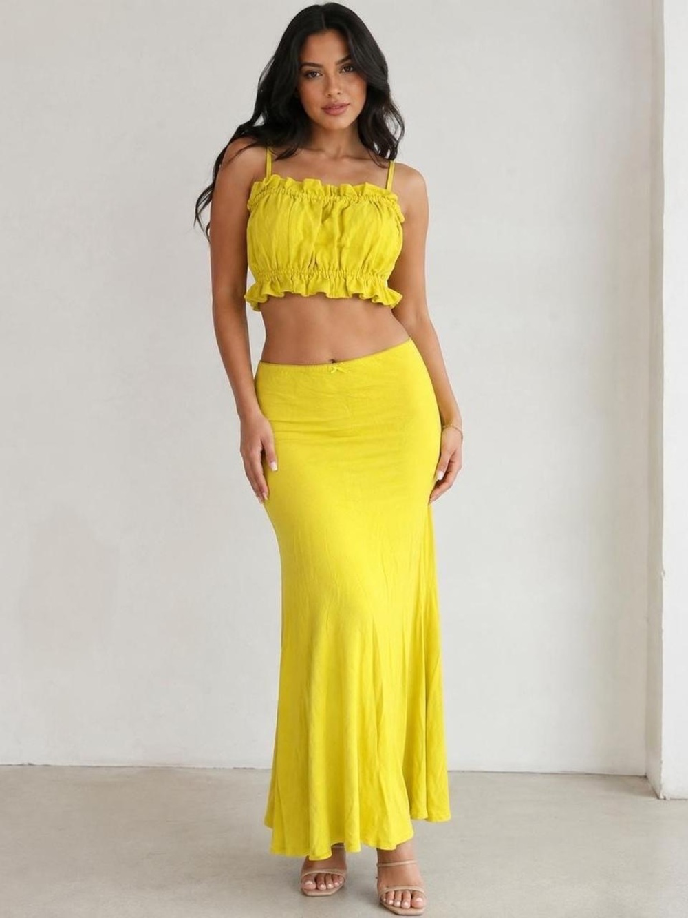 Wild Fable Bright Yellow Midi Skirt and Ruffle Top Set